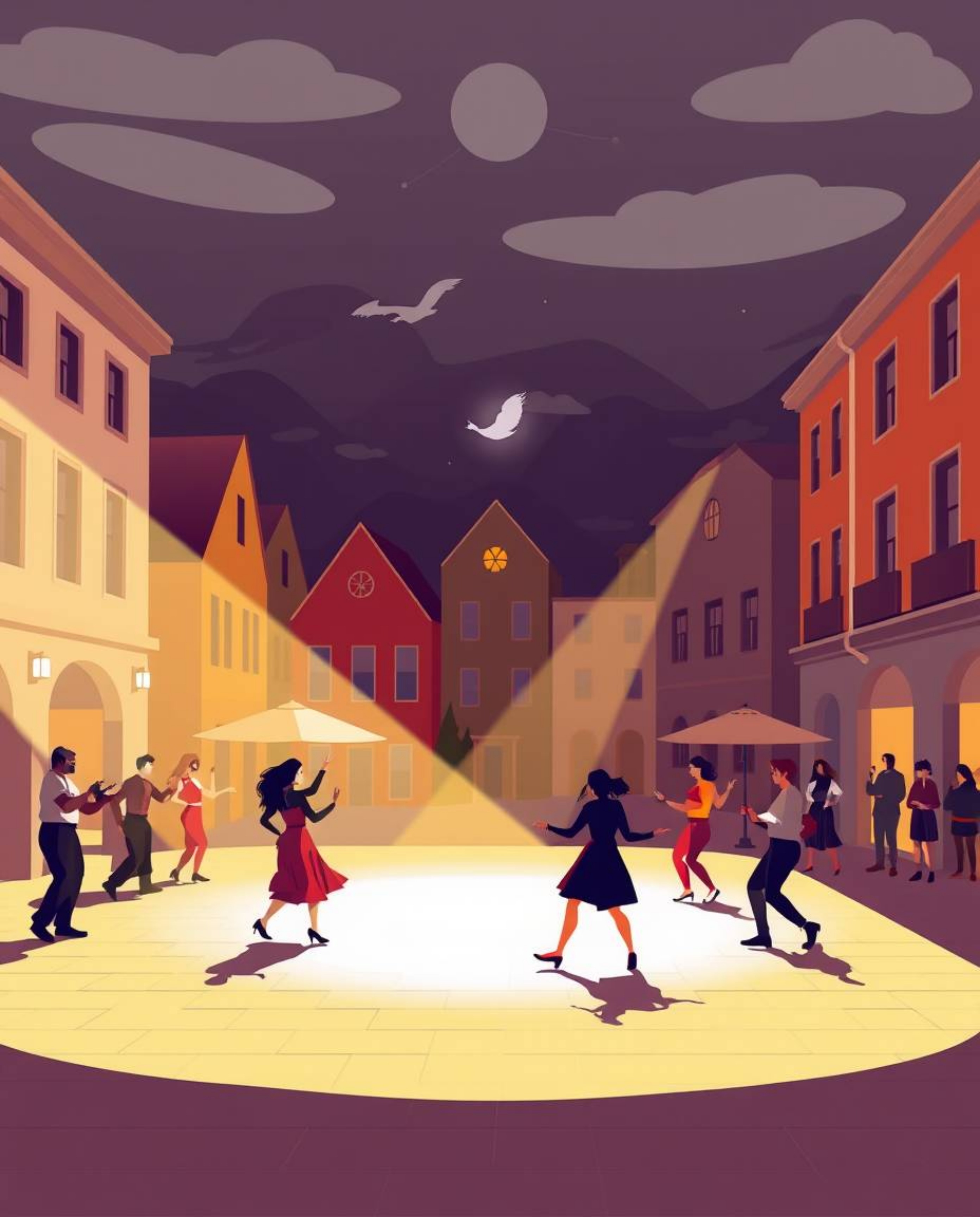 A vibrant musical number unfolds in a brightly lit town square, rendered in a modern flat design style. The artwork utilizes 