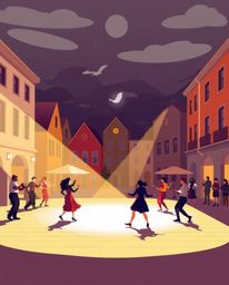 A vibrant musical number unfolds in a brightly lit town square, rendered in a modern flat design style. The artwork utilizes