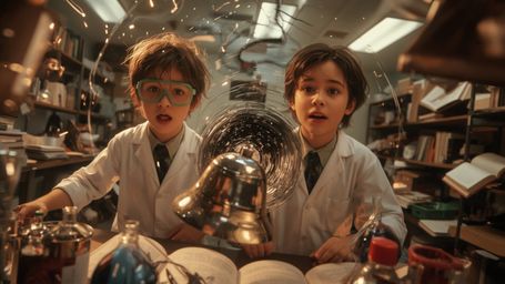 A highly detailed, cinematic photograph, reminiscent of Pixar's vibrant style, captures a dynamic duo of science fair student