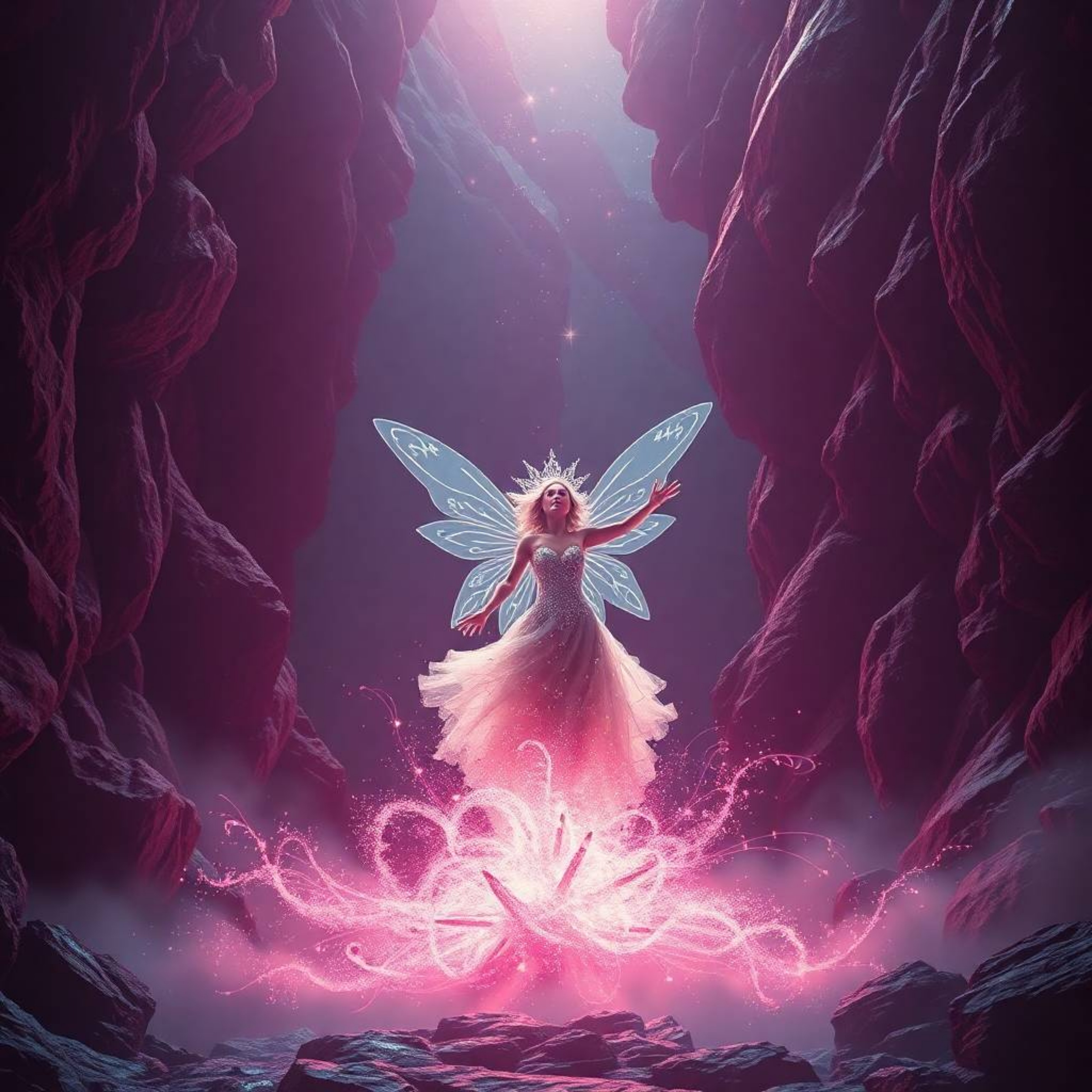 Experience an epic and futuristic scene bathed in rich burgundy and deep blue, featuring a radiant fairy godmother emerging f