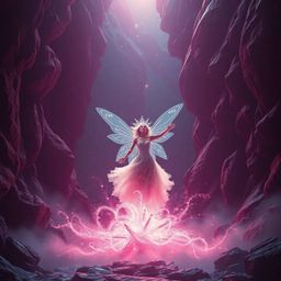 Experience an epic and futuristic scene bathed in rich burgundy and deep blue, featuring a radiant fairy godmother emerging f