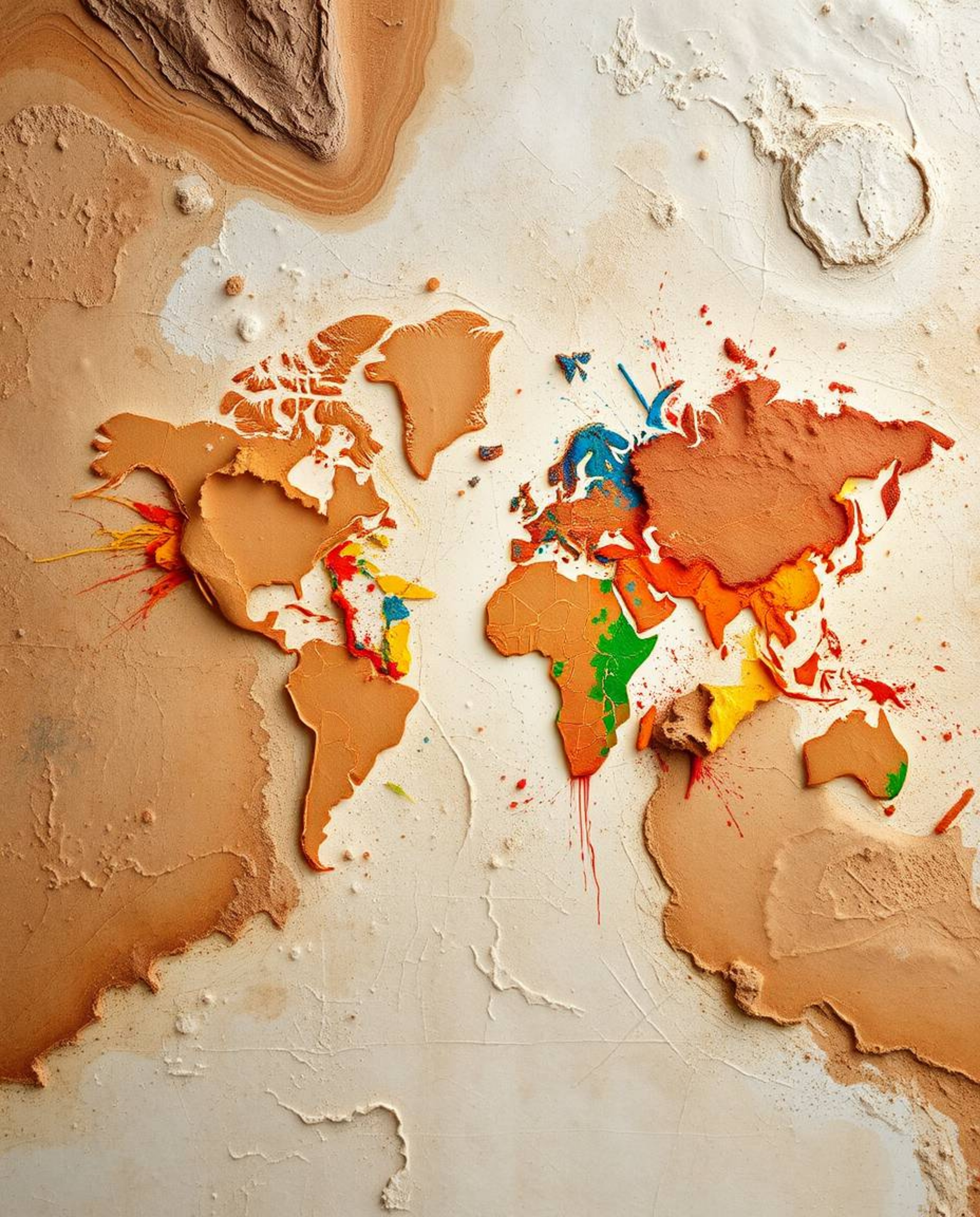 This artwork combines natural earth tones with bright, colorful splashes to create an abstract world map.  The browns, beiges