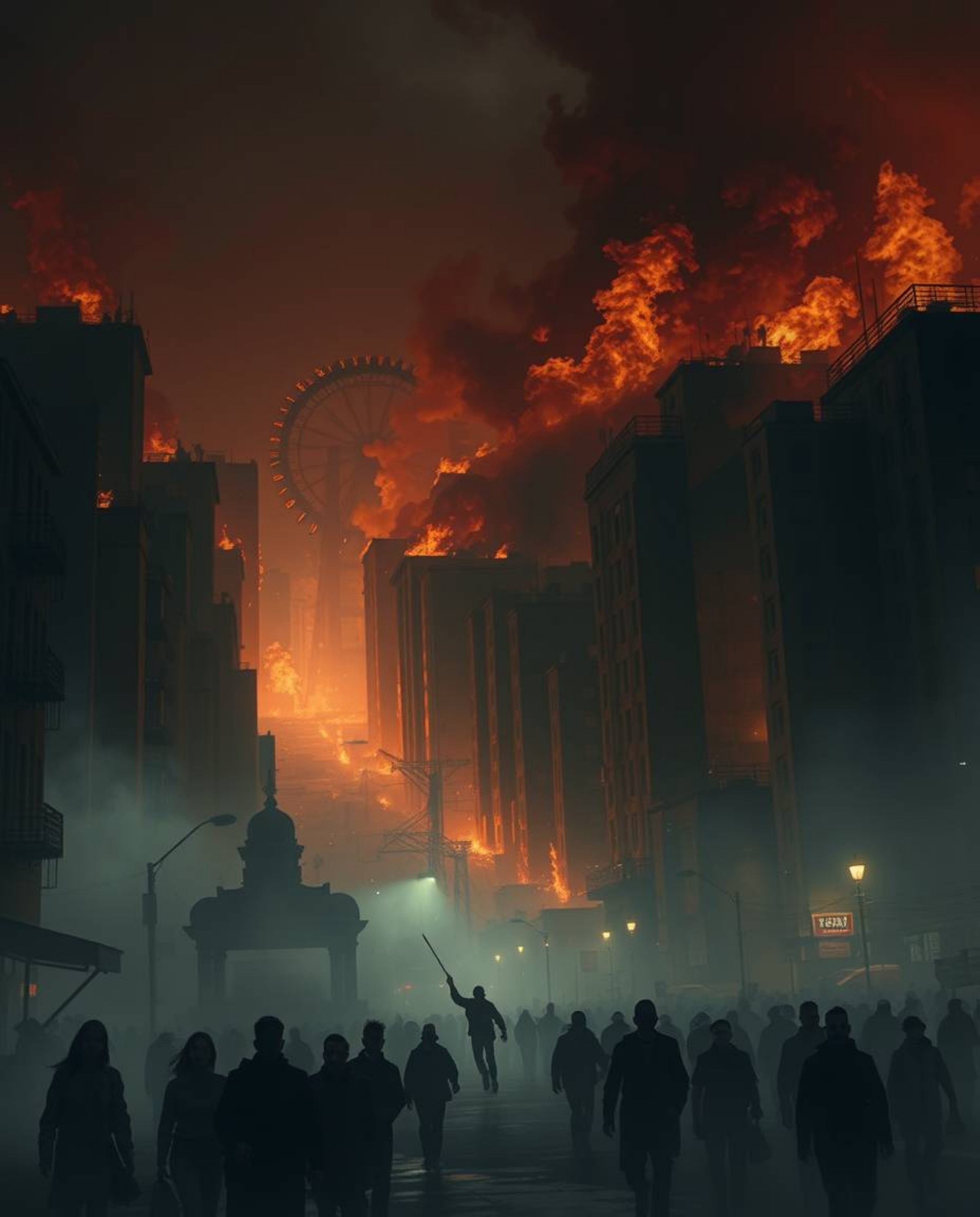 A city consumed by fire and chaos, with people desperately fleeing in all directions. The scene is shrouded in a thick, omino