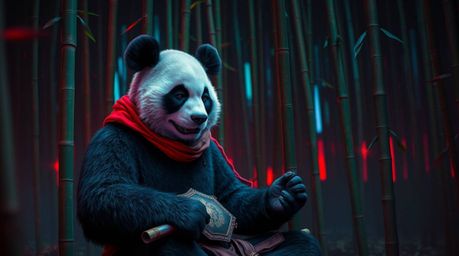 A martial artist panda meditates peacefully within a bamboo forest, but the scene takes an unsettling turn. The artist render