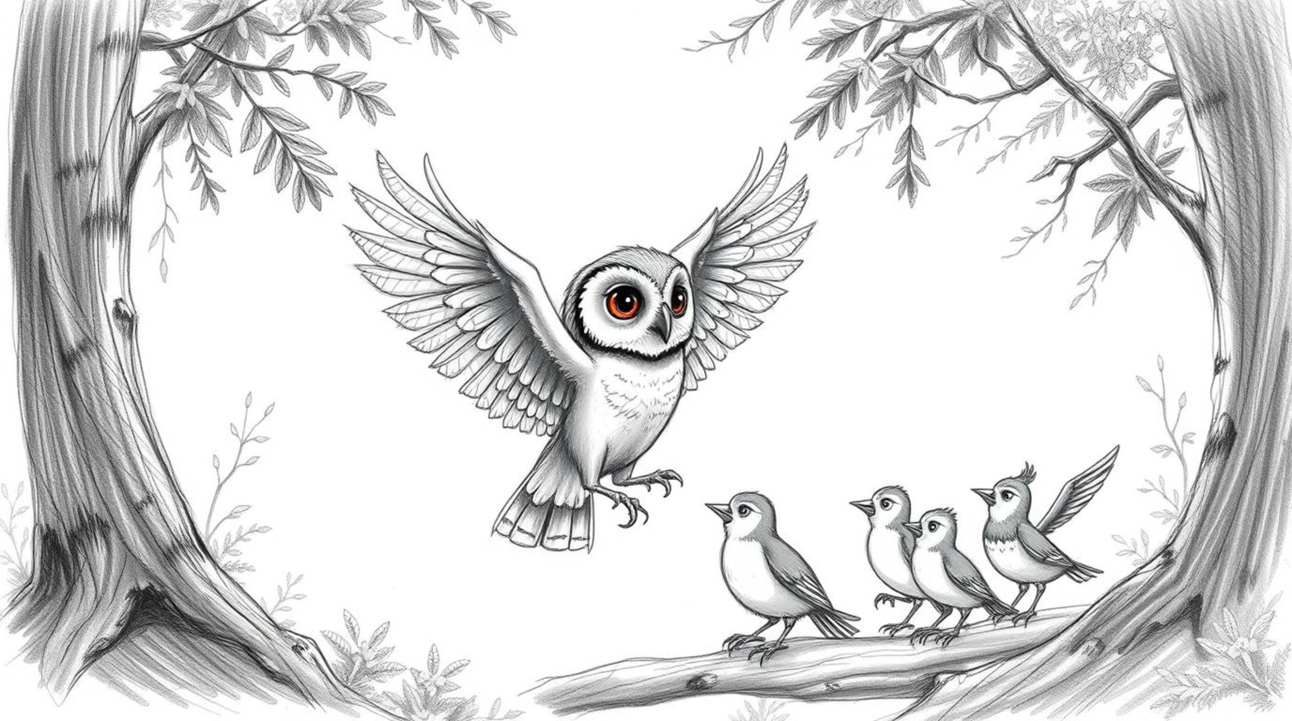 A captivating hand-drawn sketch in the style of Pixar, depicting a blind owl meticulously teaching a group of birds to fly wi