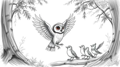 A captivating hand-drawn sketch in the style of Pixar, depicting a blind owl meticulously teaching a group of birds to fly wi