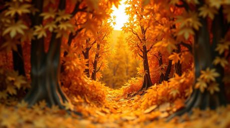 A stunning close-up reveals a meticulously crafted autumn forest sculpted from layered papier-mâché.  Golden leaves are drama