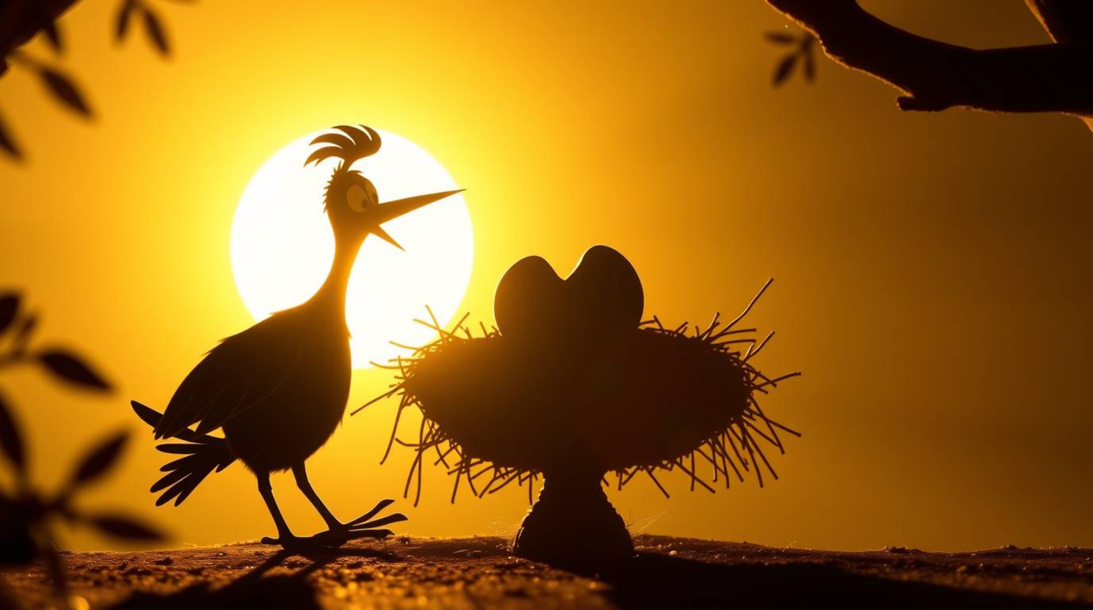 A captivating animation showcases two cartoon birds meticulously constructing their nest. Rendered in a classic animation st