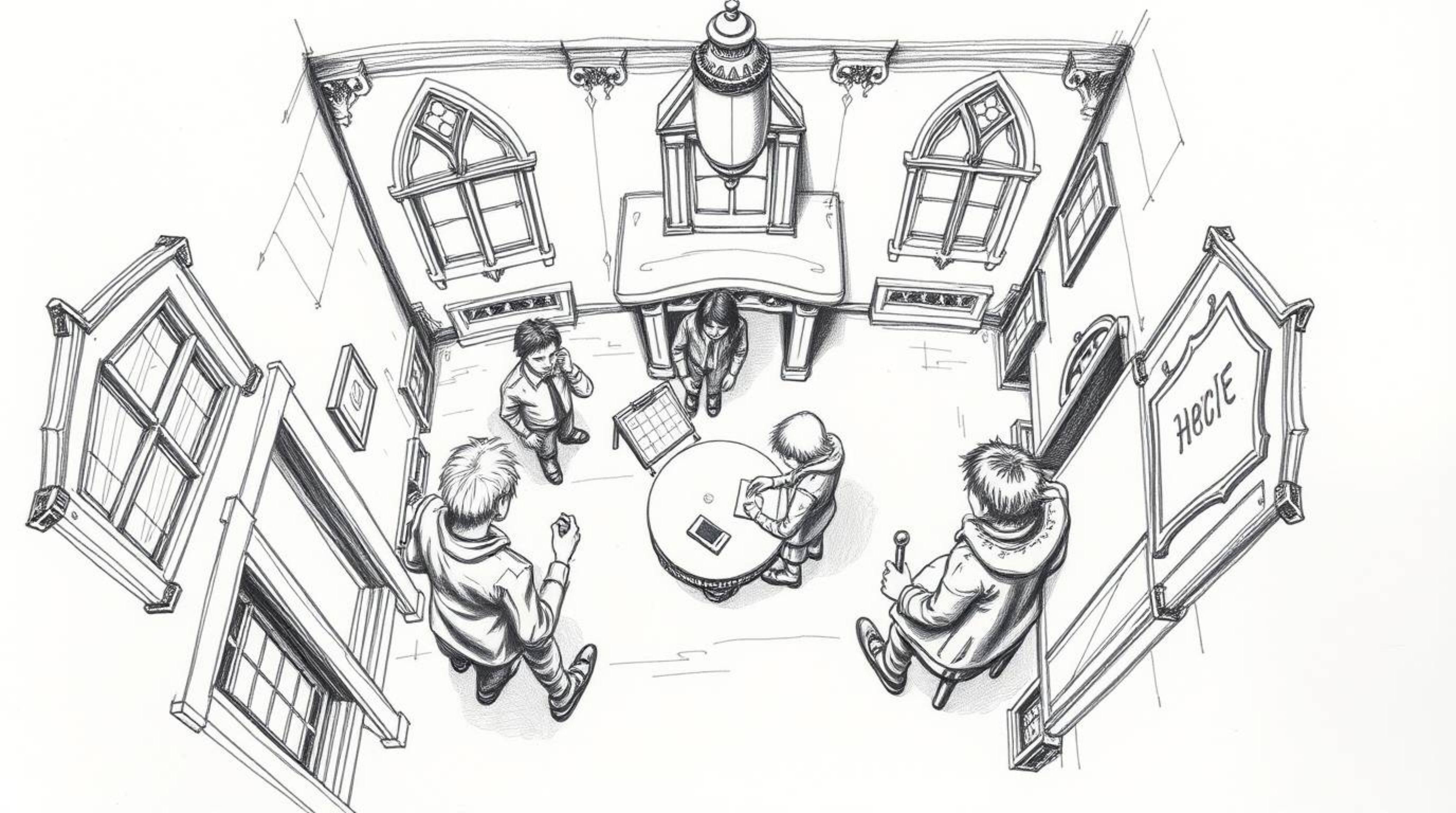 A captivating hand-drawn sketch from a bird's-eye perspective depicts a group of teenagers immersed in solving mysteries with