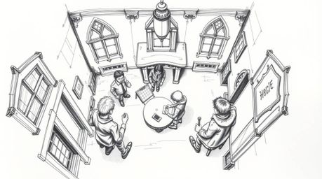 A captivating hand-drawn sketch from a bird's-eye perspective depicts a group of teenagers immersed in solving mysteries with