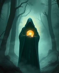 A captivating digital painting depicts a cloaked figure shrouded in a misty forest, holding a glowing teal orb. The scene is 
