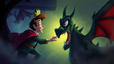 Witness a captivating battle between a charming prince with sharp features and a fearsome dragon, rendered in a creepy yet ca