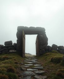 Capture the mystique of an ancient doorway etched with glowing runes, nestled within a majestic mountain shrouded in thick fo