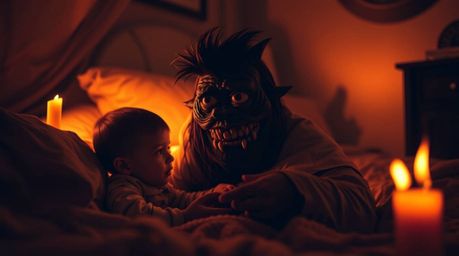 A heartwarming photograph captures the unlikely friendship between a child and a monster hiding under the bed.  The image fea
