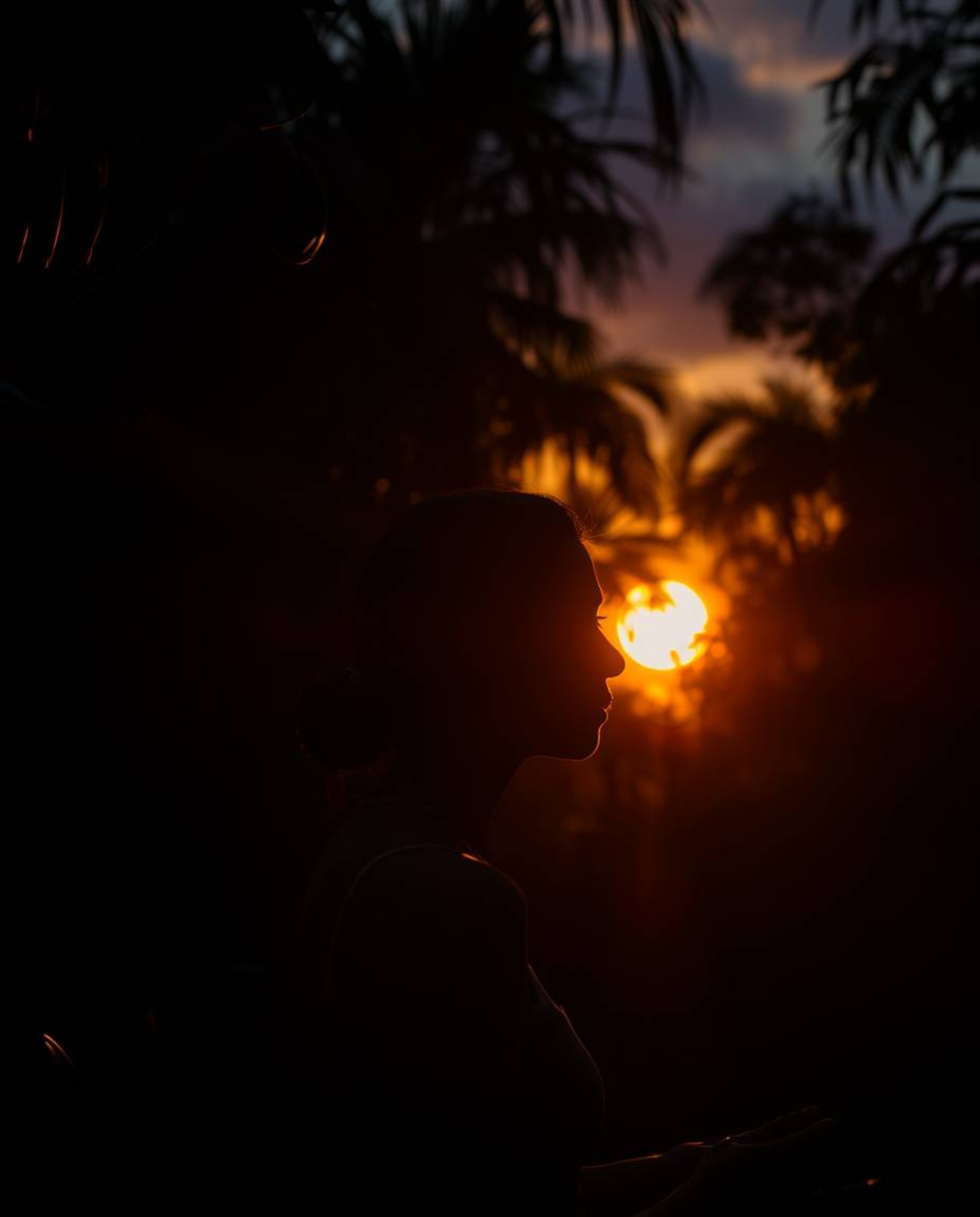 A dramatic photograph of a sunset viewed through a dense jungle canopy. The scene is defined by its intense lighting and high