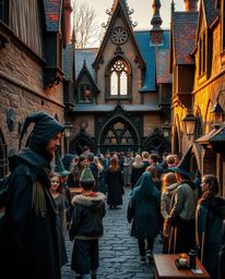Immerse yourself in a magical school teeming with young wizards, bathed in the warm, ethereal glow of golden hour light.  The