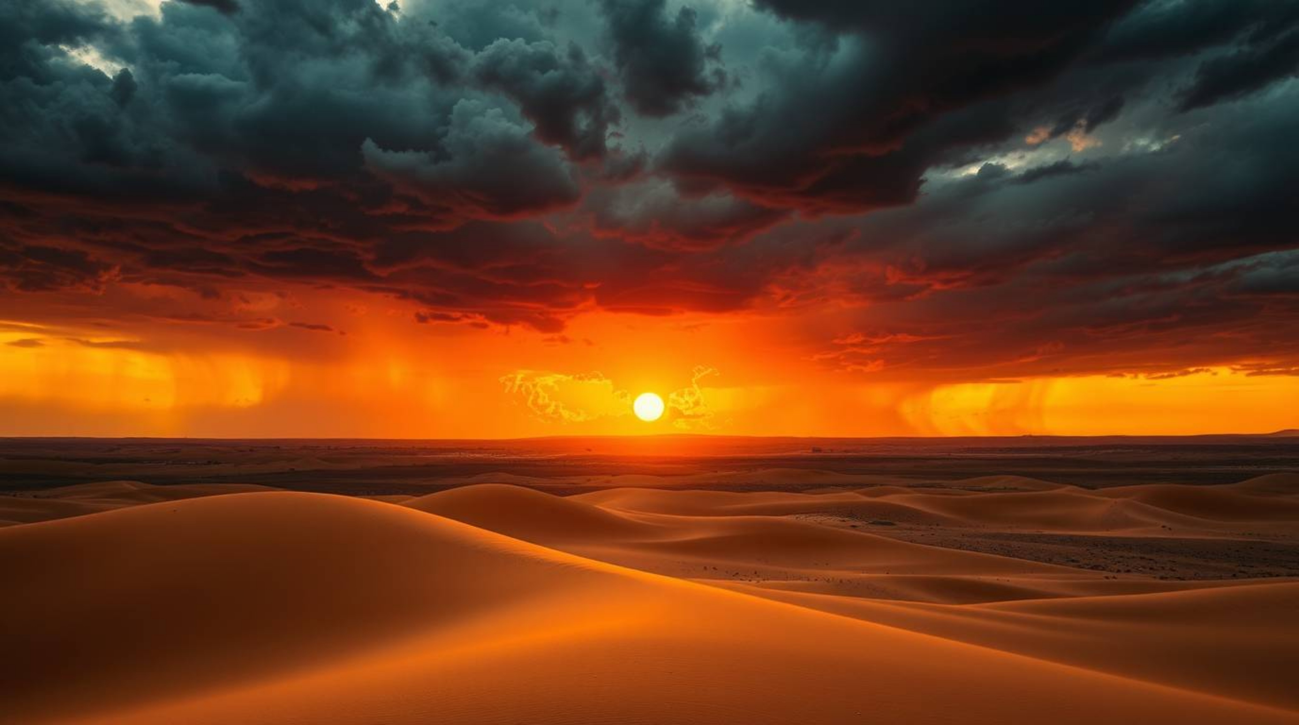 Experience an intensely dramatic depiction of a desert sunset, where golden dunes meet a stormy sky, creating a high-tension 