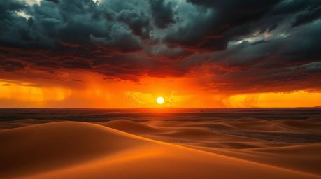 Experience an intensely dramatic depiction of a desert sunset, where golden dunes meet a stormy sky, creating a high-tension 