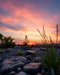Extreme macro close-up of a smooth gradient sunset over a serene Zen garden, seamless color blending, showcasing minute detai