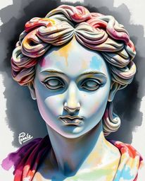 Explore a captivating watercolor painting that blends the timeless beauty of a classical sculpture with the modern aesthetic 