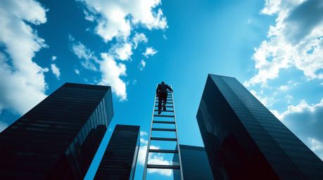 An unsettling yet captivating image depicting an abstract concept of success. A businessperson ascends a transparent ladder d