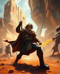 A brave hero embarks on a massive-scale desert adventure in a modern future setting, rendered in a stunning Disney-style digi