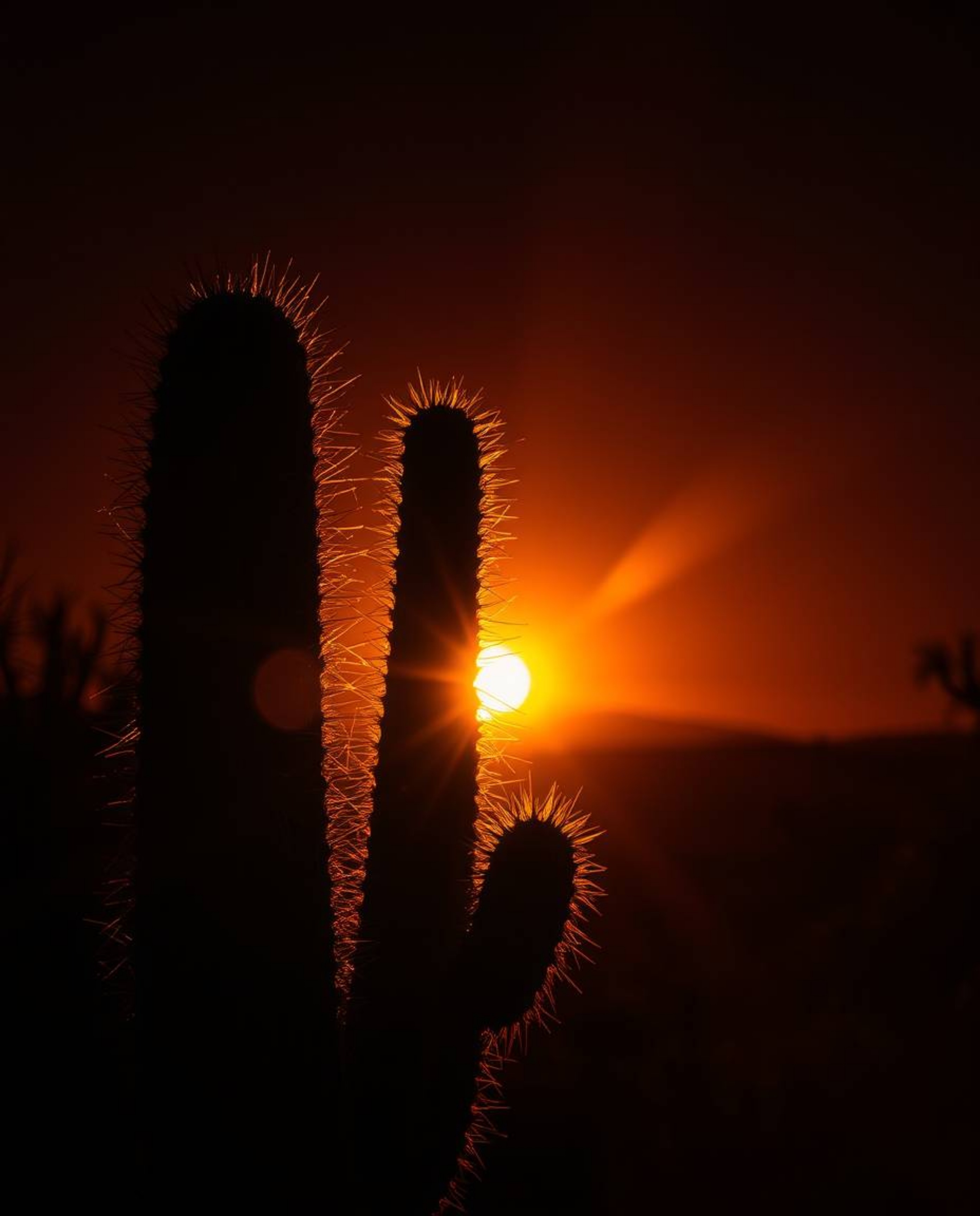 A desert cactus glows in the last rays of the sun, rendered in a classic and dramatic chiaroscuro lighting style. This artwor