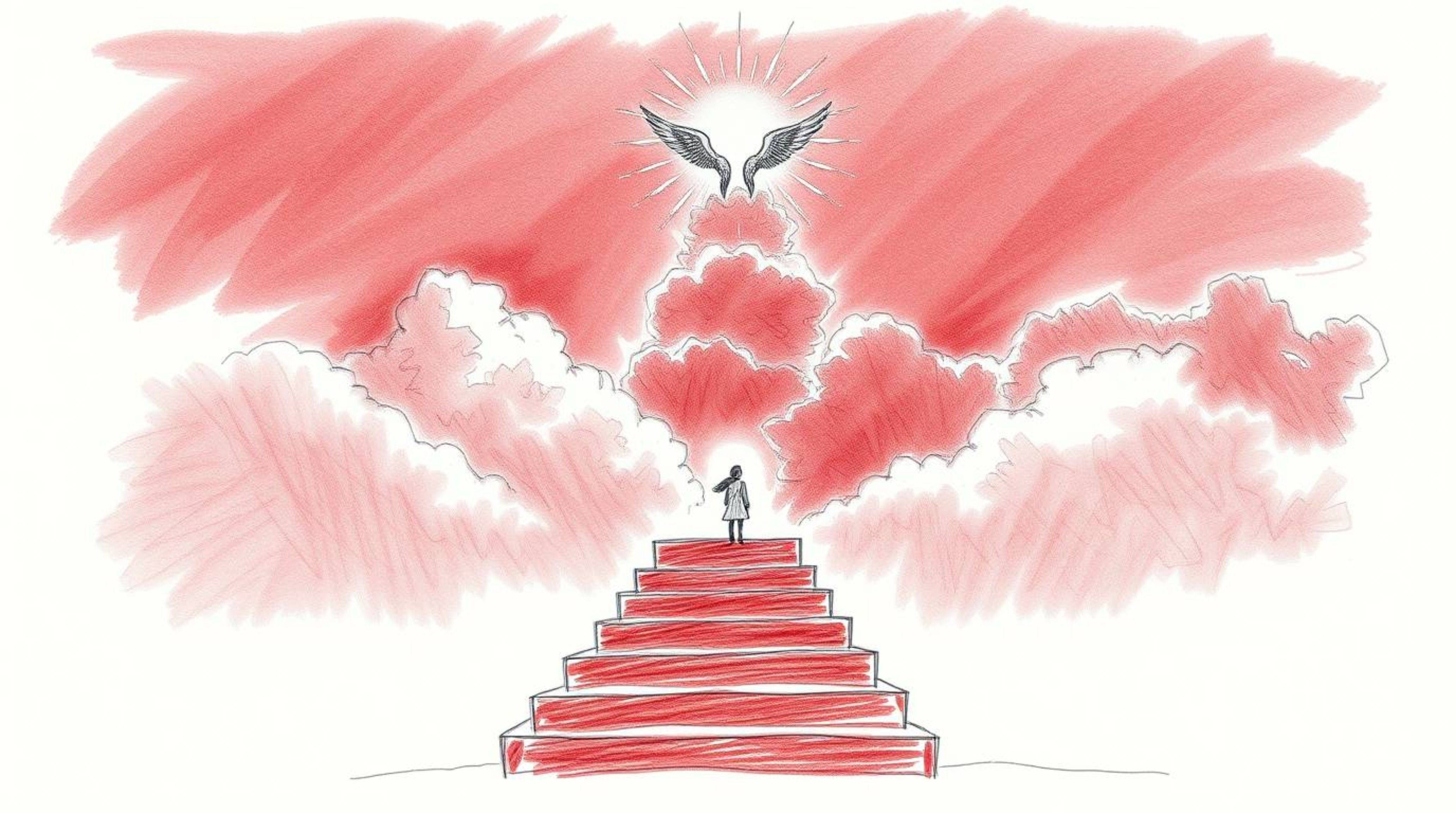 This exquisite hand-drawn sketch captures a dreamlike scene of light ascending into a cloudy sky, rendered in rich burgundy a