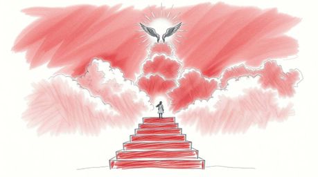 This exquisite hand-drawn sketch captures a dreamlike scene of light ascending into a cloudy sky, rendered in rich burgundy a