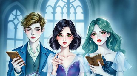 Immerse yourself in a delicate watercolor painting depicting a group of teens with refined features as they unravel mysteries