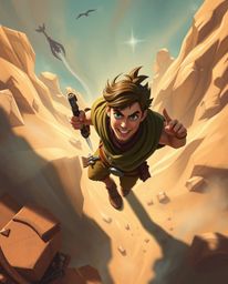 A captivating digital painting showcases a brave, Disney-style hero embarking on a desert adventure.  Viewed from a unique bi