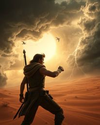A high-resolution stock photo capturing a brave hero in a Disney-style desert adventure, facing intense dramatic weather with