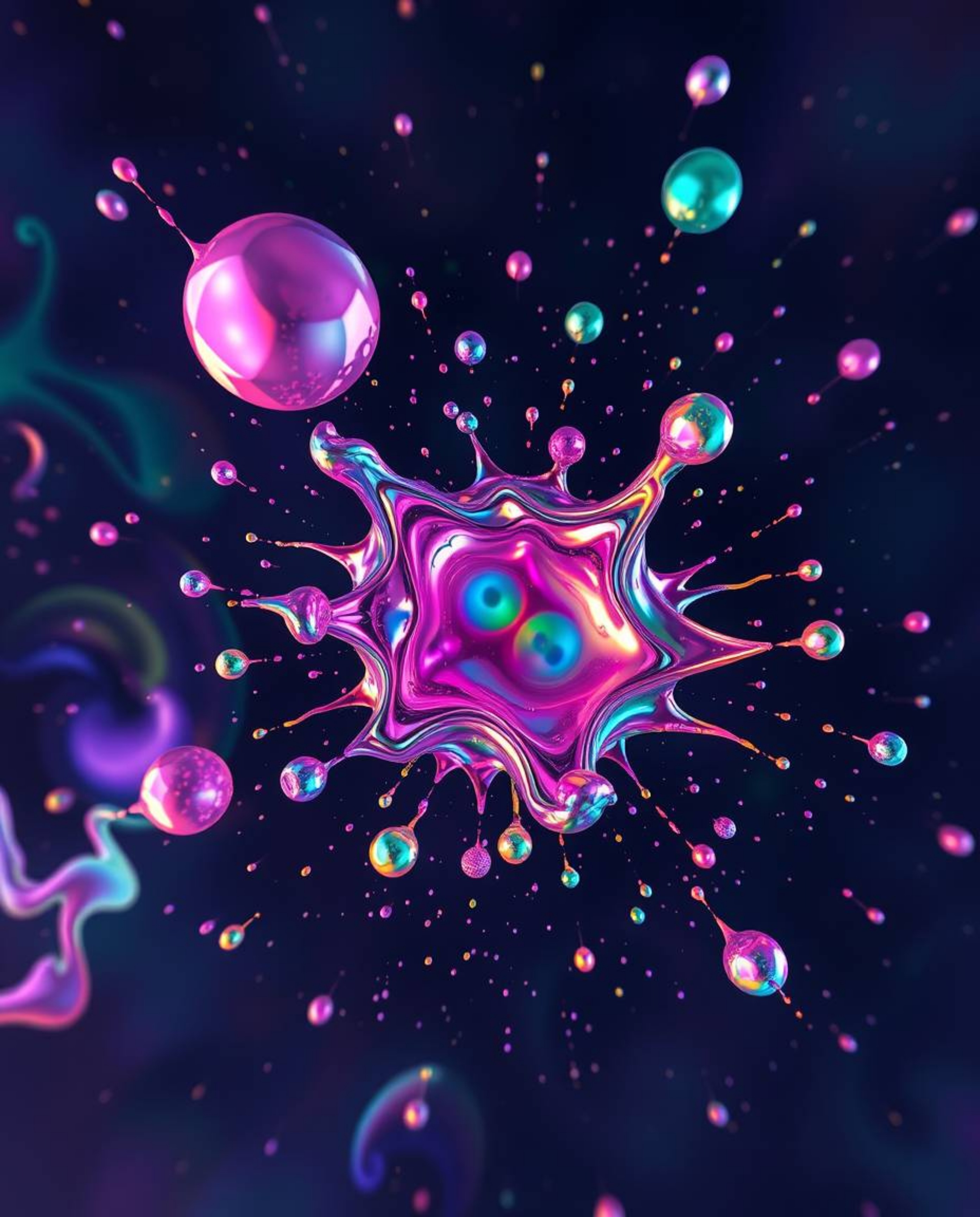 Explore a captivating overhead bird's eye view of abstract 3D colorful splash shapes floating in space, a surreal digital art