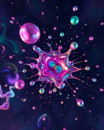 Explore a captivating overhead bird's eye view of abstract 3D colorful splash shapes floating in space, a surreal digital art