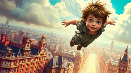 A young boy with tousled brown hair soars above a meticulously rendered London cityscape, leaving a shimmering trail of pixie