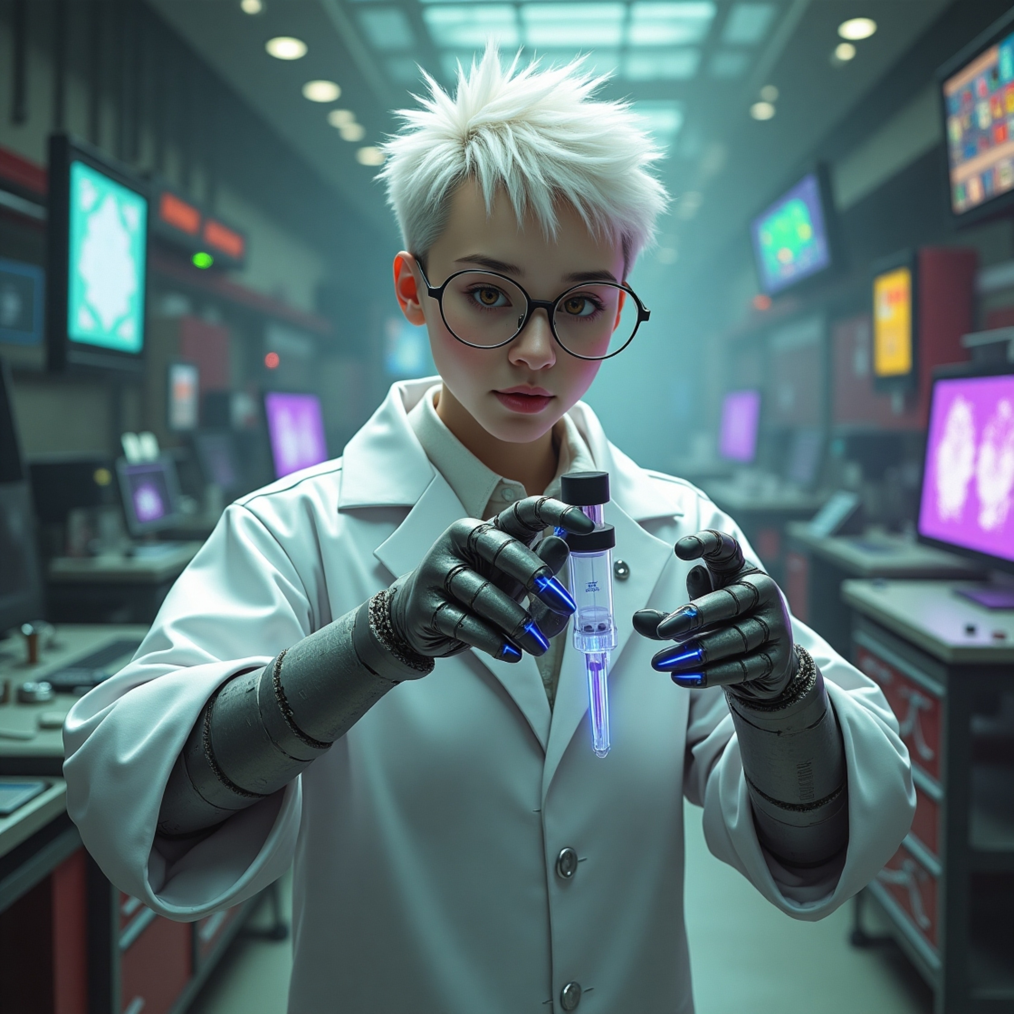 A bespectacled futuristic scientist with striking features stands in a vibrant, cluttered laboratory. The scene is filled wit