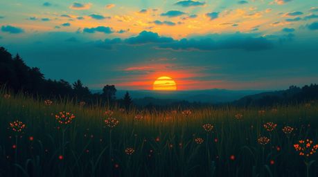 A captivating image of a rich, deep teal sunset over a tranquil meadow, featuring the enchanting glow of fireflies.  The pain