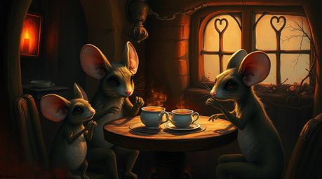 A captivating digital painting depicts anthropomorphic mice enjoying a tea party within a cozy cottage. The artwork features 