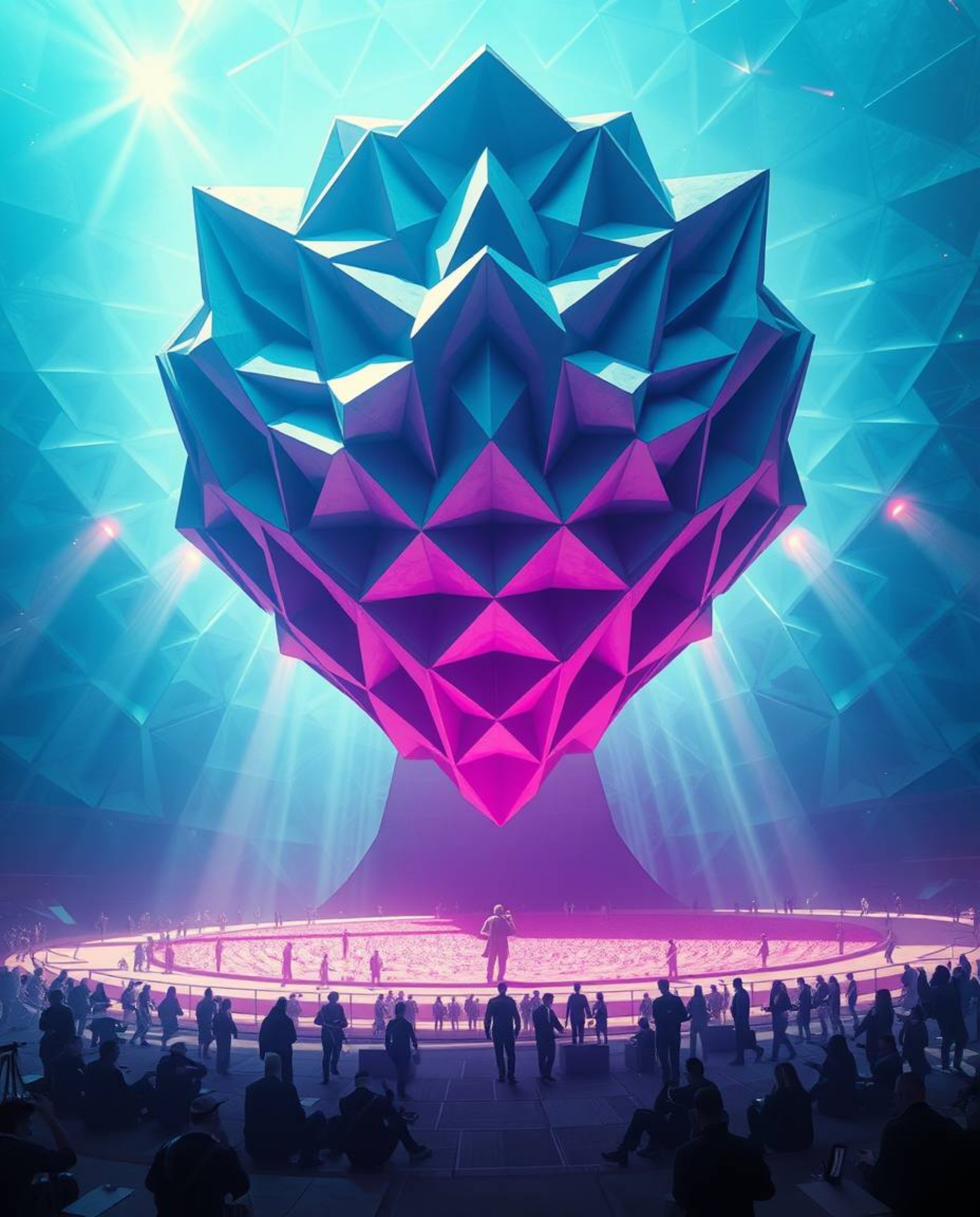 A grand, epic scene in a modern futuristic style showcases a stunning 3D geometric pattern reminiscent of folded paper.  The 
