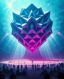 A grand, epic scene in a modern futuristic style showcases a stunning 3D geometric pattern reminiscent of folded paper.  The 