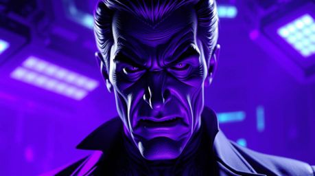A villain's emotional state, captured in a high-tech environment bathed in soft, deep ultraviolet light, creates a visually s