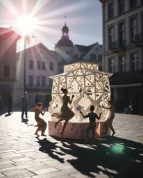 A captivating musical number unfolds in a vibrant town square, meticulously crafted in an intricate origami style. The scene 