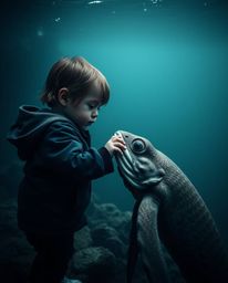 This captivating high-resolution stock photo depicts a poignant interaction between a sea creature and a child in a serene an
