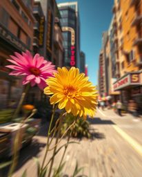 Blurred lines capture dynamic flowers in motion, blooming amidst the vibrant, colorful ruins of a post-apocalyptic city. This