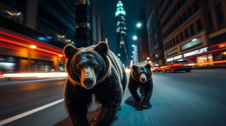 A dramatic, long-exposure photograph captures a bear family's tense journey through a city at night. The image features motio