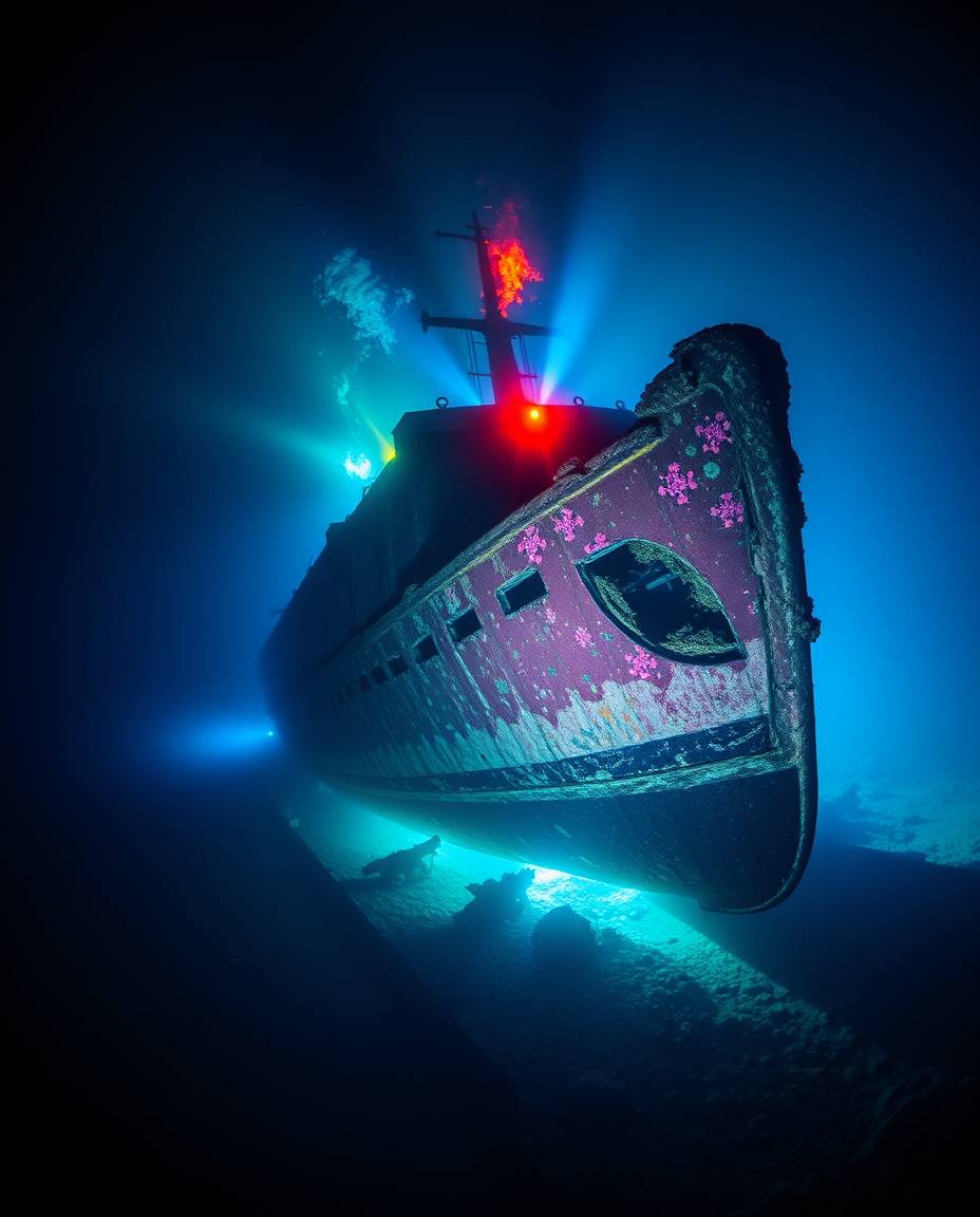 Dive into a captivating underwater scene featuring a vividly illuminated shipwreck.  Intense dramatic lighting creates high c