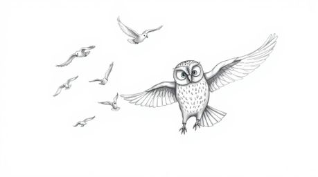 A hand-drawn Pixar style sketch depicts a blind owl, its feathers textured with delicate pencil strokes, patiently guiding a 