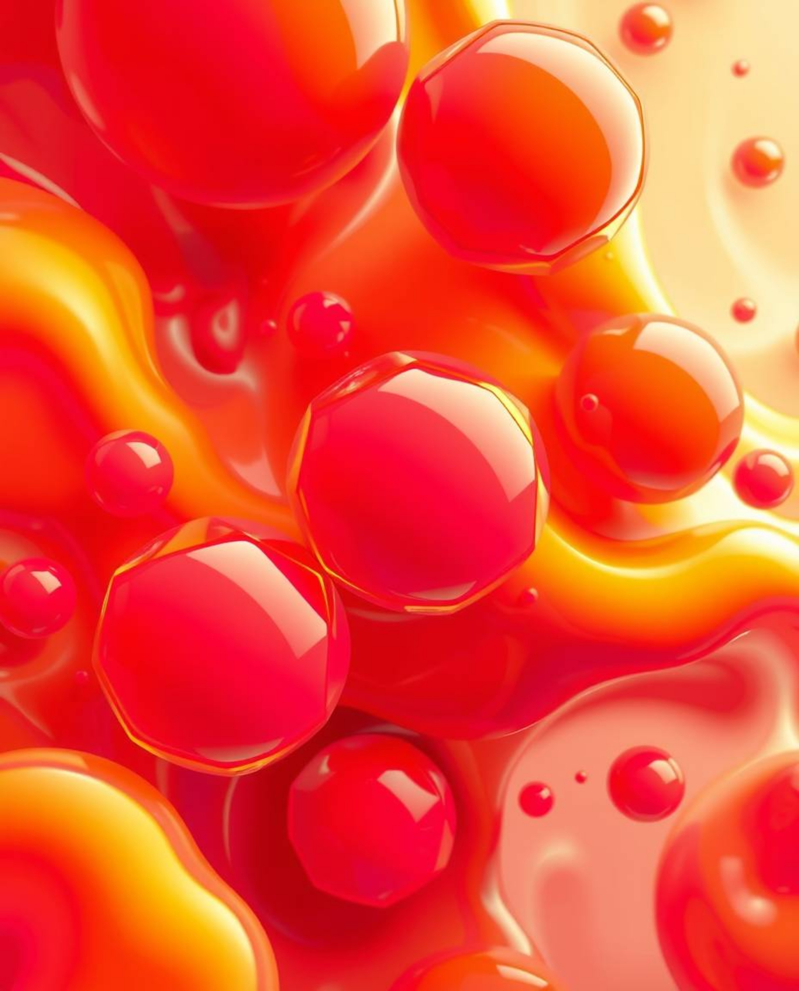 This digital painting showcases a mesmerizing scene of floating 3D blobs of fluid jelly, rendered in a palette of warm colors
