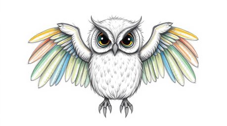 A heartwarming Pixar-style hand-drawn sketch portrays a blind owl with intricately detailed feathers teaching birds to fly. T