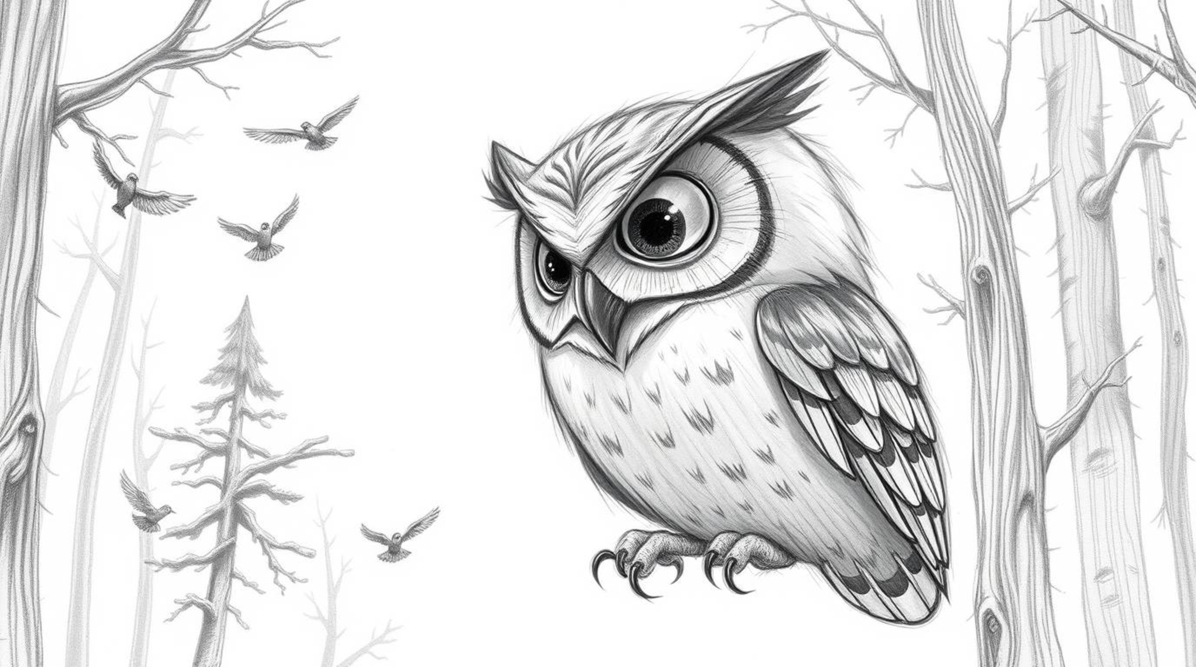 A heartwarming illustration in the style of Pixar depicts a blind owl, rendered with soft, expressive eyes and rough pencil s